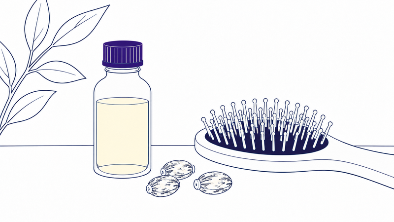 Line illustration of a bottle of castor oil beside castor beans and a hairbrush