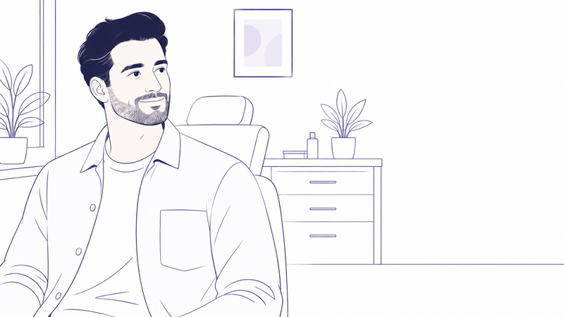 Line illustration of a relaxed bearded man seated in a clinic consultation room