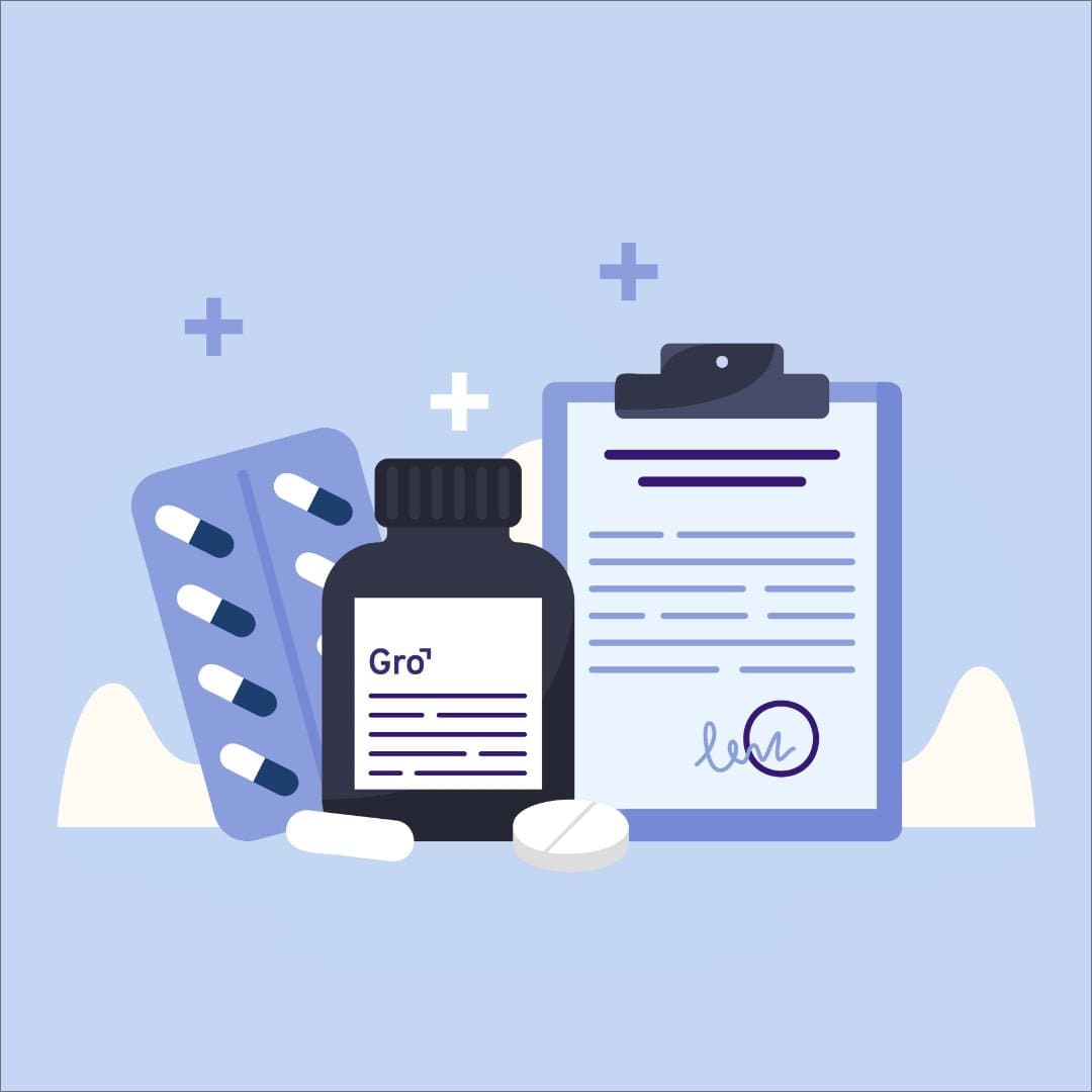 An illustration of a medical scene. It includes a clipboard with a prescription, a medicine bottle labeled "Combo Plan - 6 Month Supply" from My Store, a blister pack with capsules, and two loose pills, all set against a light blue background with abstract cloud shapes and plus signs.