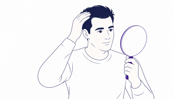 Line illustration of a smiling man running a hand through his hair while holding a hand mirror