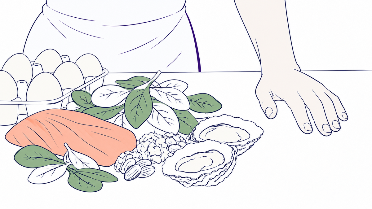 Line illustration of hair-friendly foods on a bench: eggs, salmon, spinach, oysters and nuts