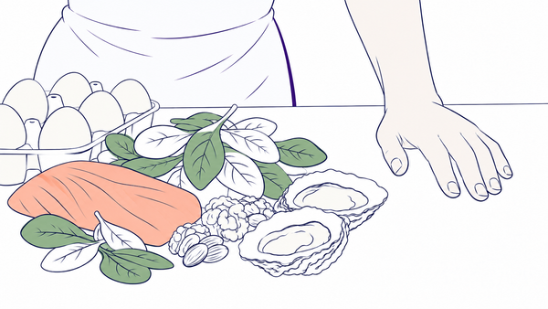 Line illustration of hair-friendly foods on a bench: eggs, salmon, spinach, oysters and nuts