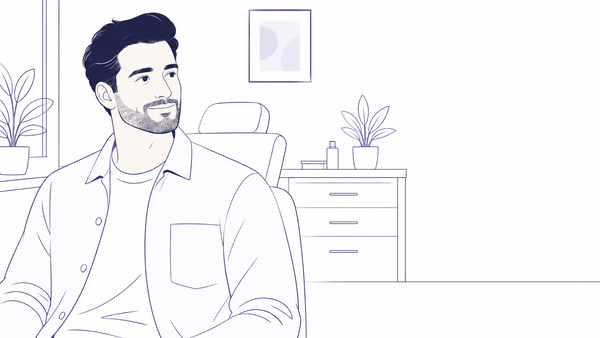 Line illustration of a relaxed bearded man seated in a clinic consultation room