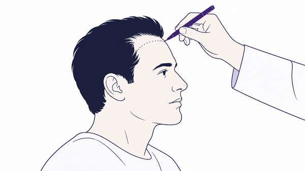 Line illustration of a clinician's hand marking a planned hairline on a man's forehead with a purple pen