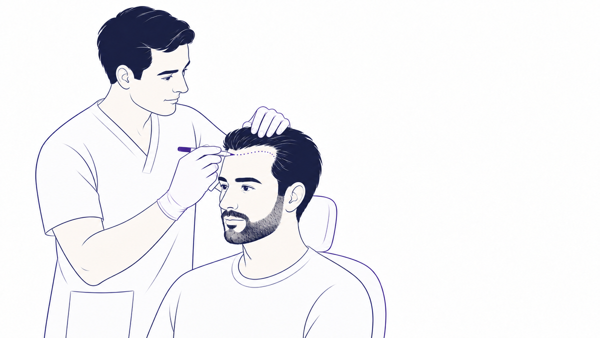 Line illustration of a clinician drawing a hairline on a seated bearded patient before a hair transplant