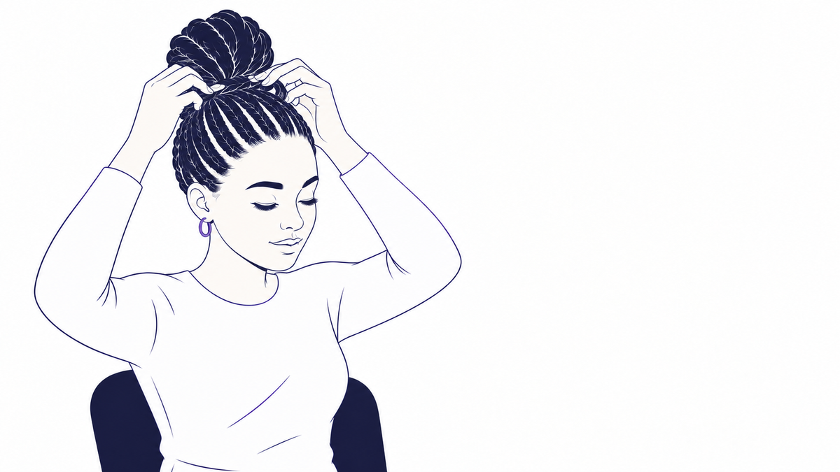 Line illustration of a woman adjusting braids pulled tightly into a high bun