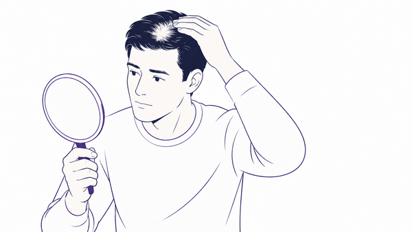 Line illustration of a man parting his hair to check a thinning crown in a hand mirror