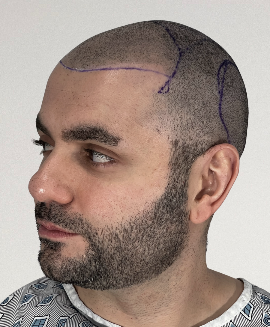 Hair restoration patient before treatment, age 39, receding hairline, thinning